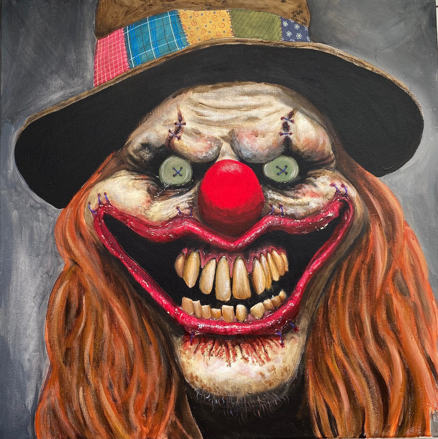 20"x20" Original Acrylic Painting "Buttons" - Portraits of Misfits and Miscreants - Clown Series One